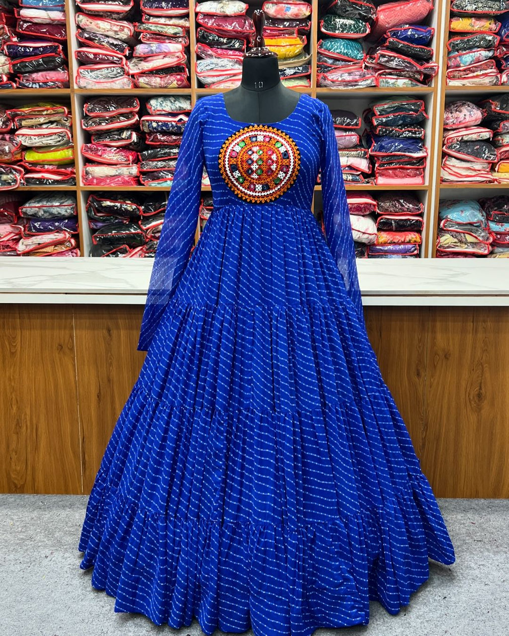Manvitha blue georgette leheriya printed Navratri gown