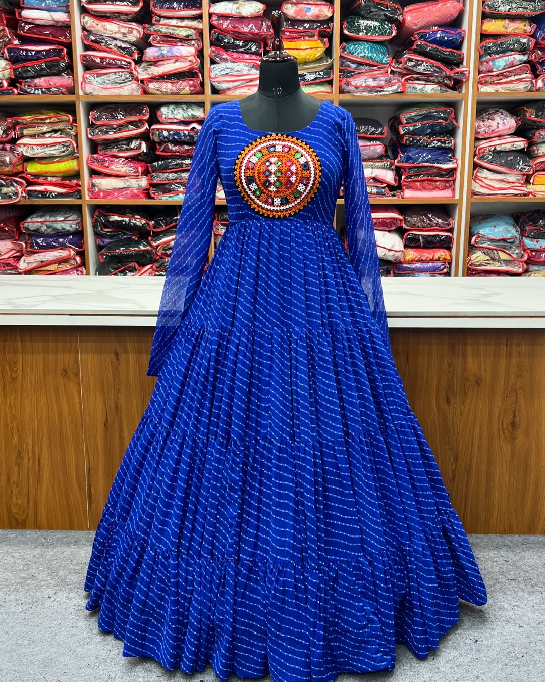Manvitha blue georgette leheriya printed Navratri gown