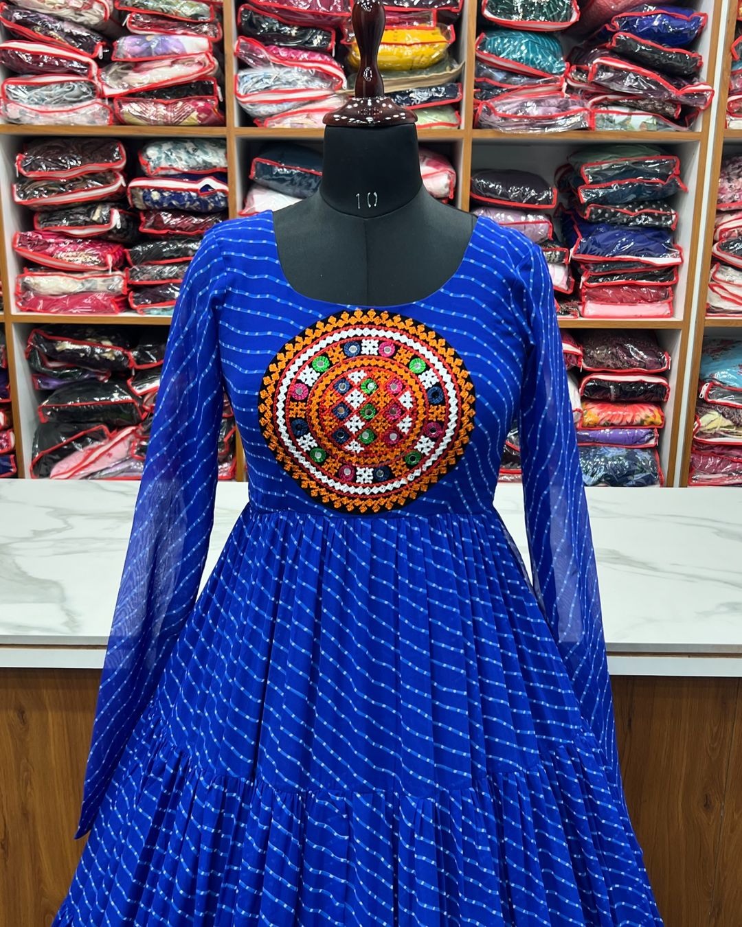 Manvitha blue georgette leheriya printed Navratri gown