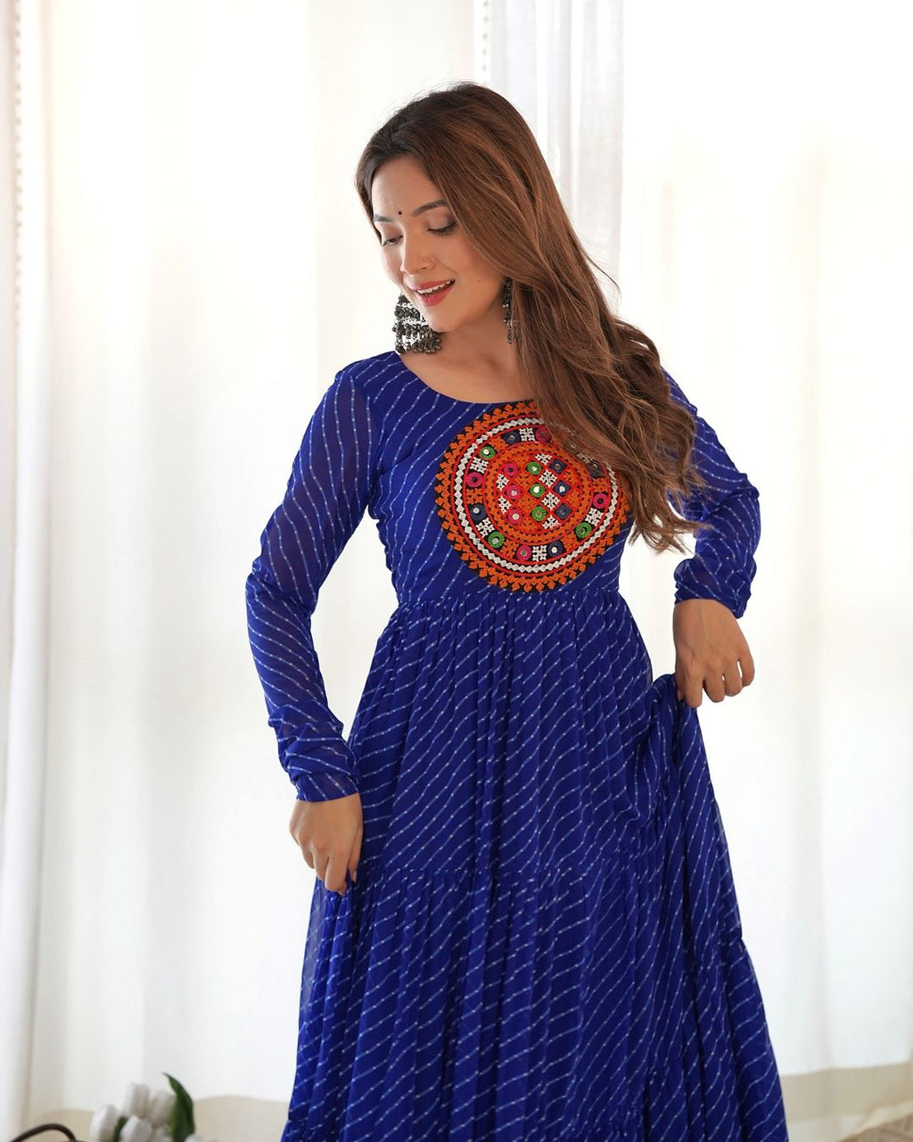 Manvitha blue georgette leheriya printed Navratri gown