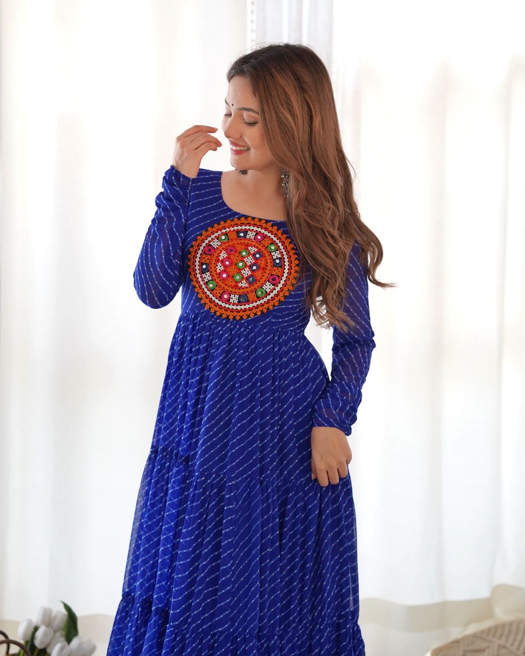 Manvitha blue georgette leheriya printed Navratri gown