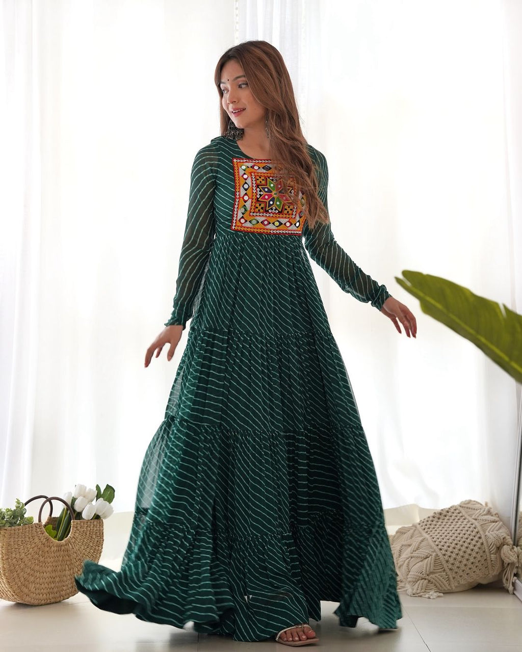 Manvitha green georgette leheriya printed Navratri gown