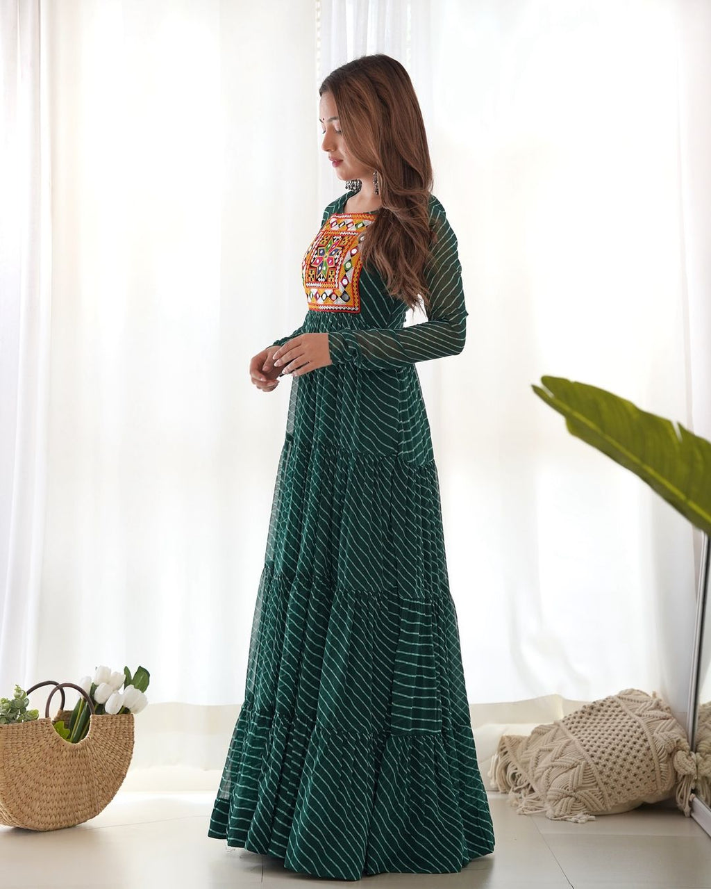 Manvitha green georgette leheriya printed Navratri gown