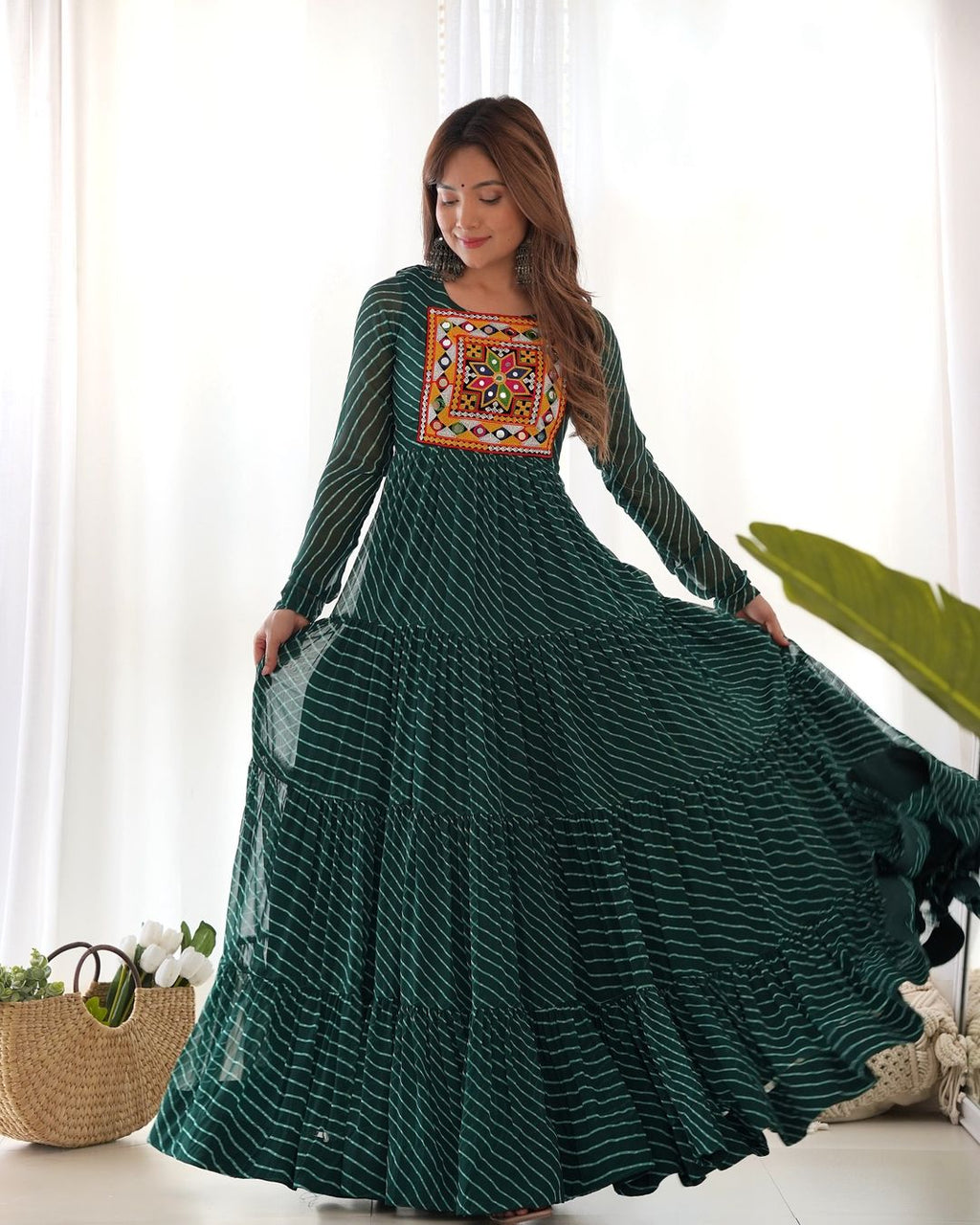 Manvitha green georgette leheriya printed Navratri gown