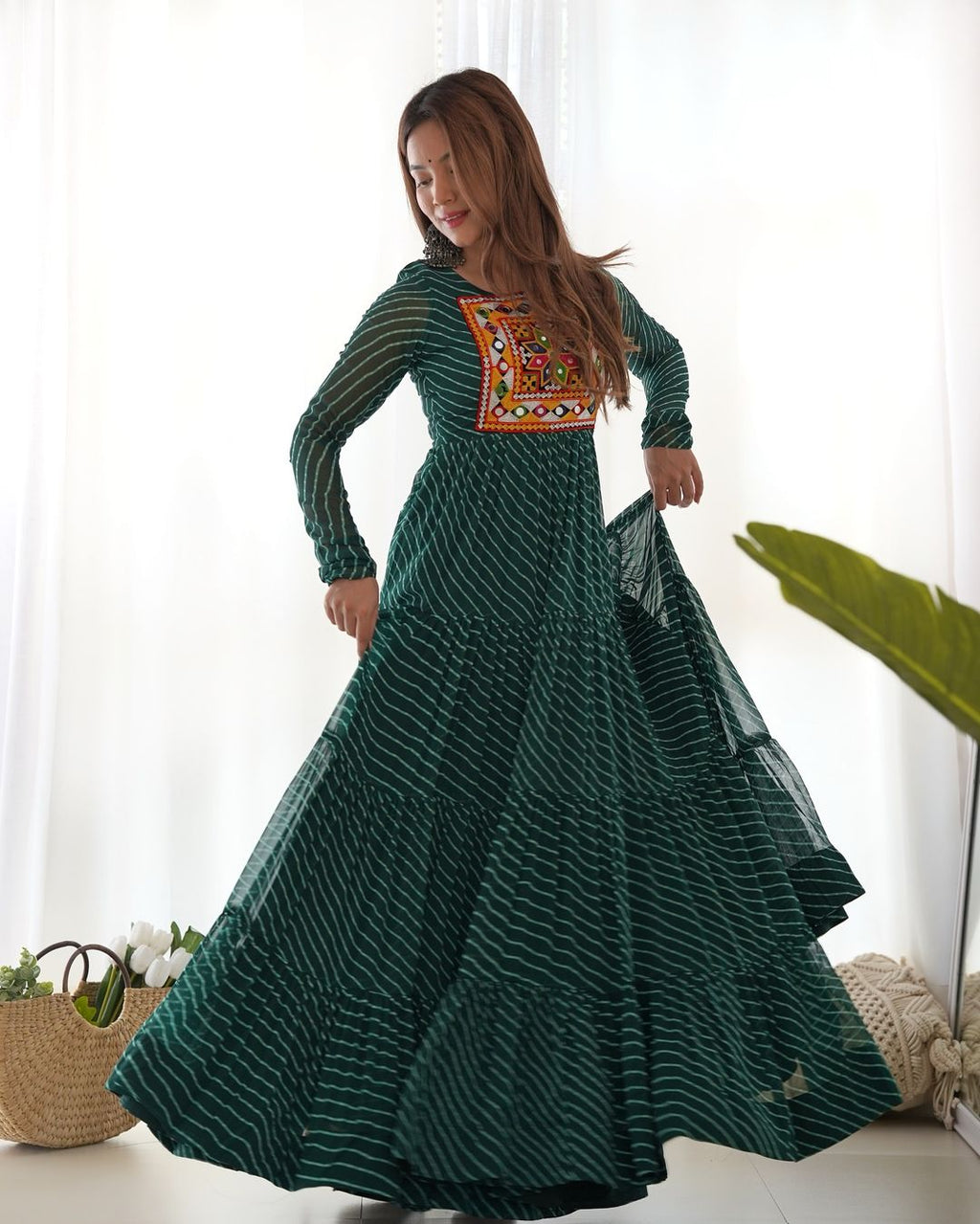 Manvitha green georgette leheriya printed Navratri gown