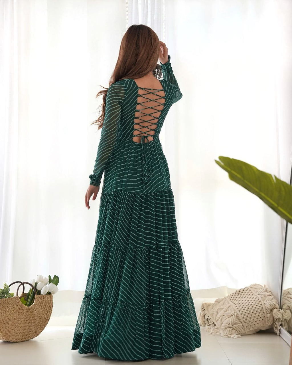Manvitha green georgette leheriya printed Navratri gown