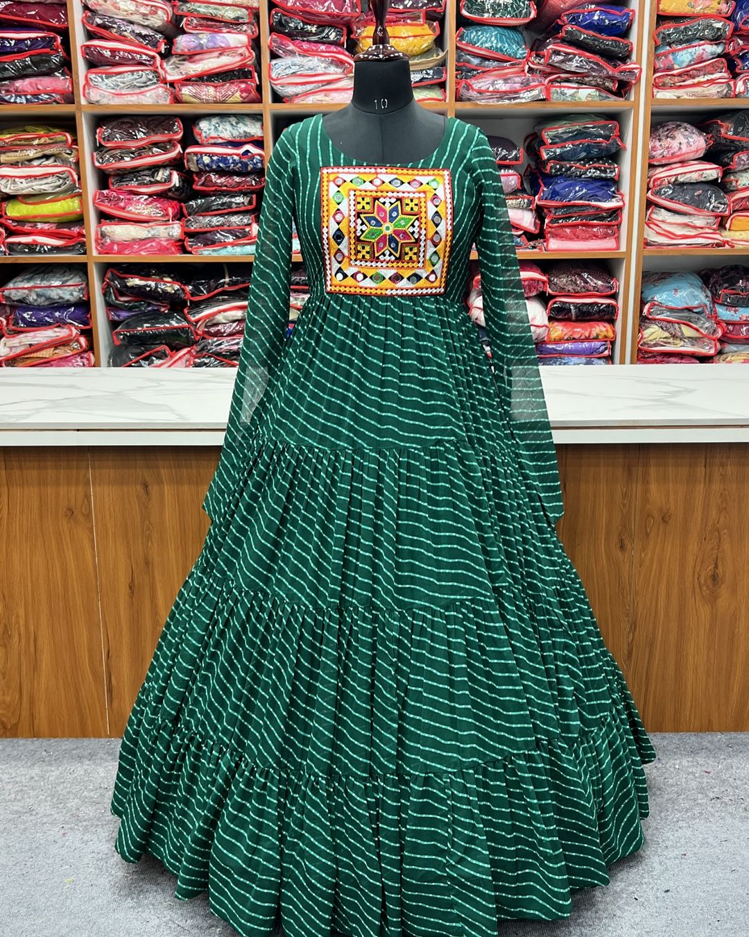 Manvitha green georgette leheriya printed Navratri gown