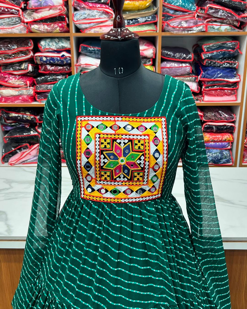 Manvitha green georgette leheriya printed Navratri gown