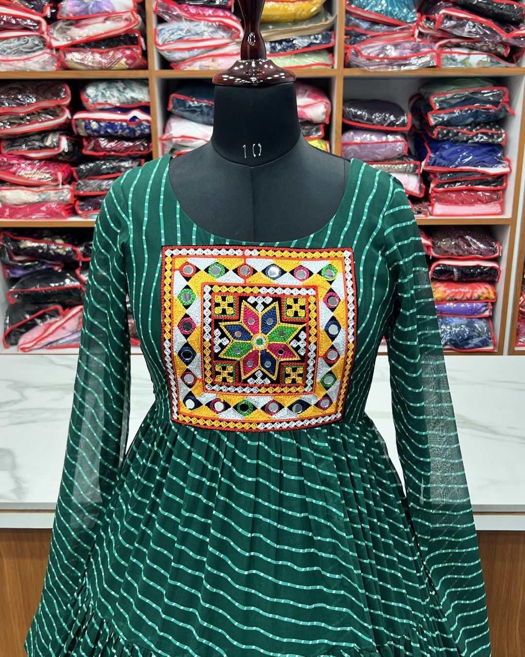 Manvitha green georgette leheriya printed Navratri gown