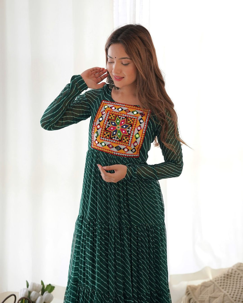 Manvitha green georgette leheriya printed Navratri gown