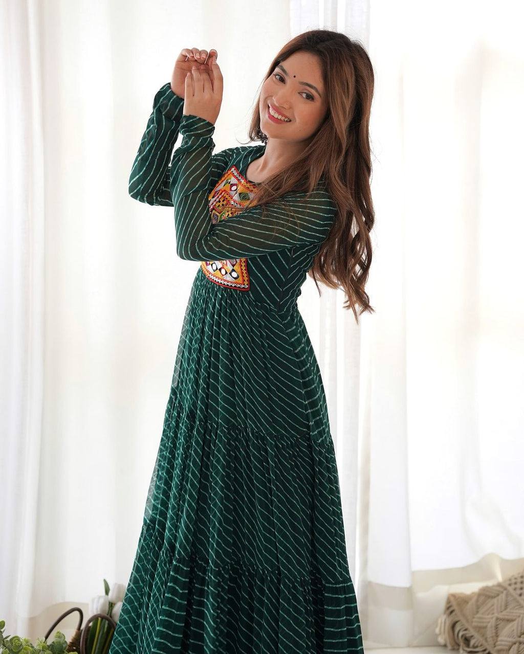 Manvitha green georgette leheriya printed Navratri gown