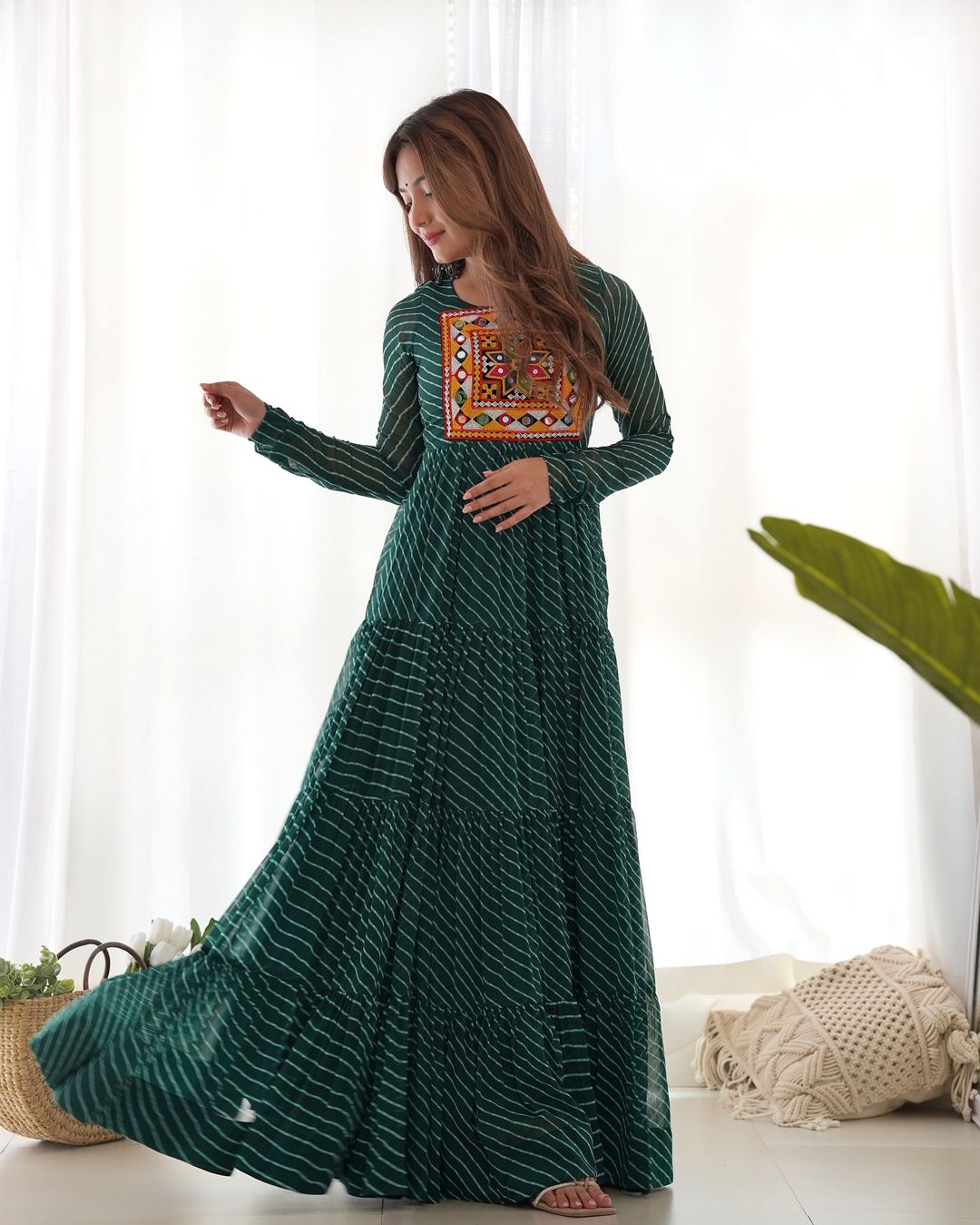 Manvitha green georgette leheriya printed Navratri gown