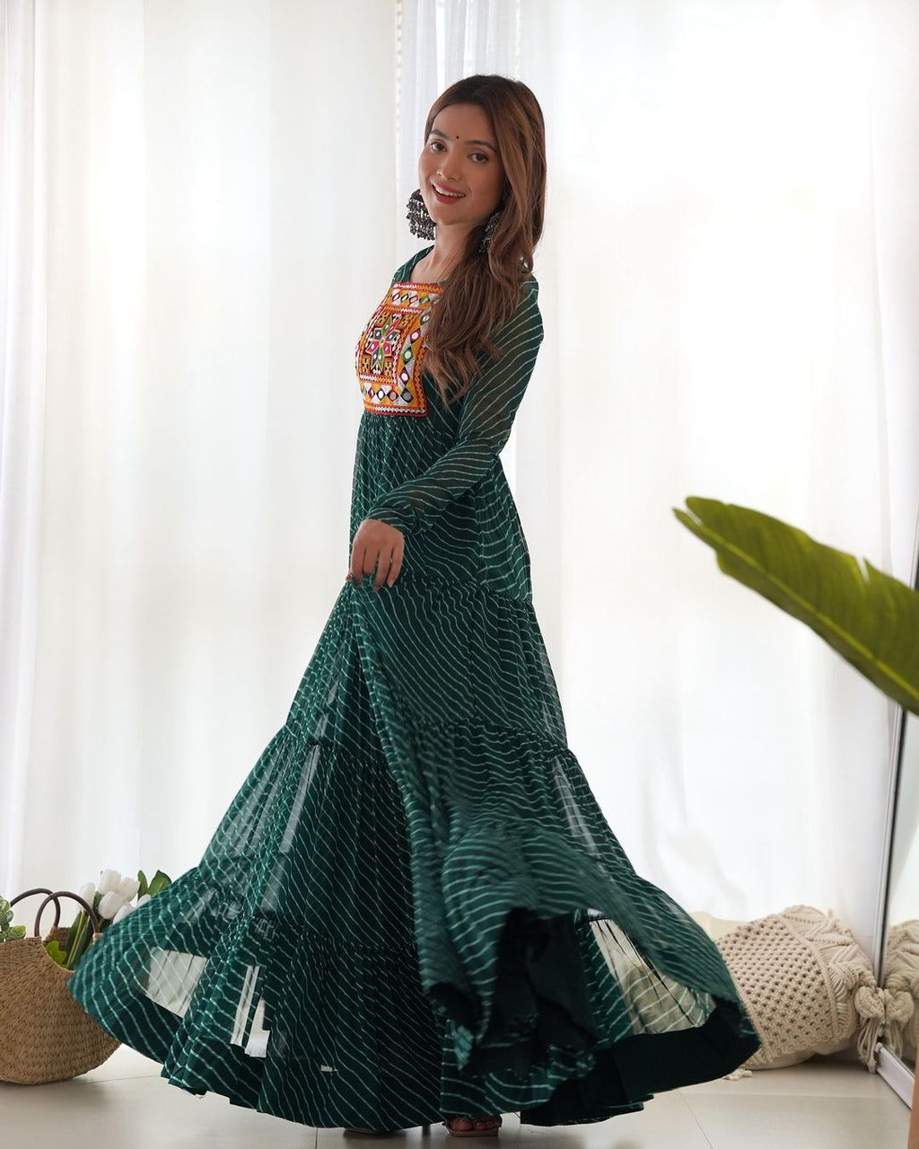 Manvitha green georgette leheriya printed Navratri gown