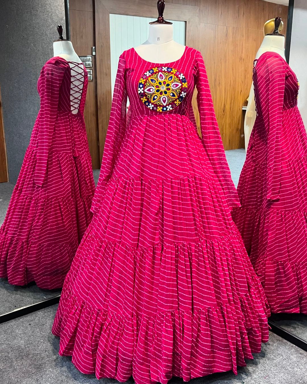 Manvitha pink georgette leheriya printed Navratri gown