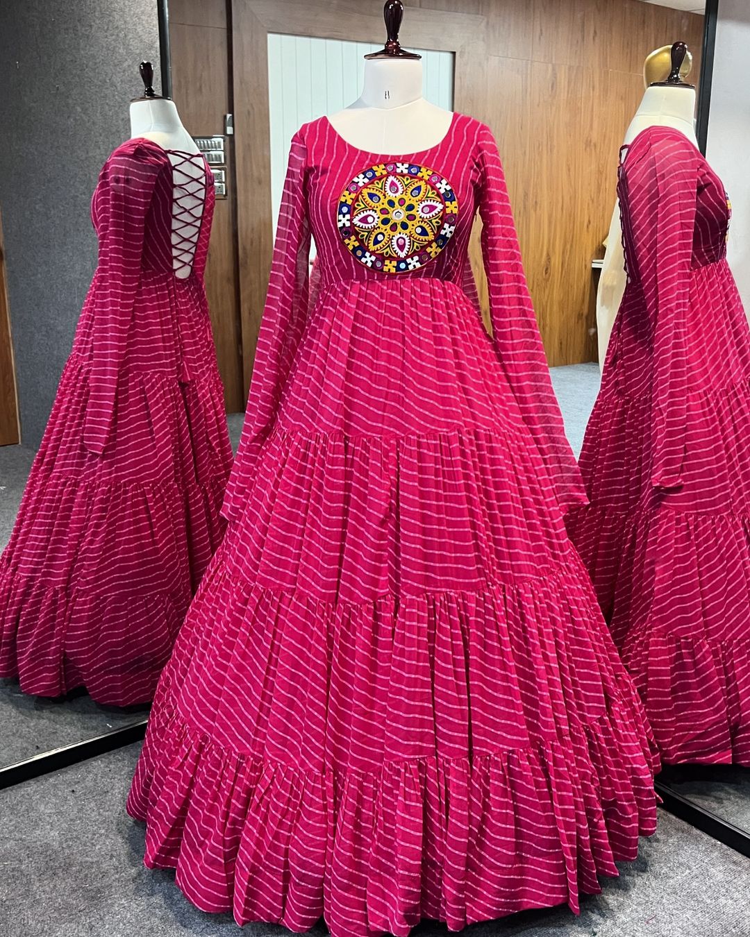 Manvitha pink georgette leheriya printed Navratri gown