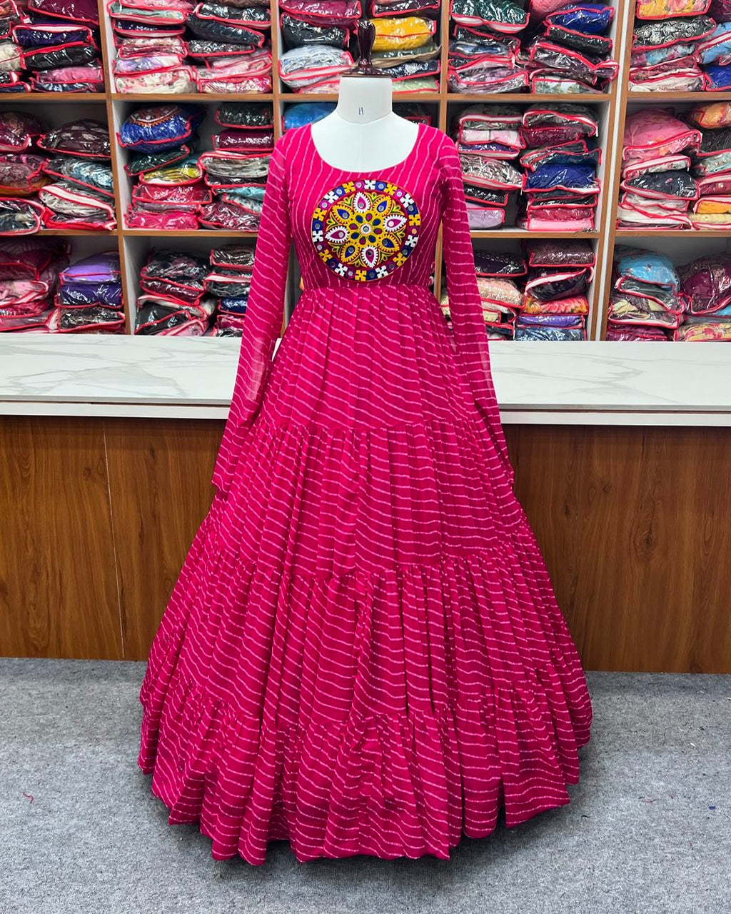 Manvitha pink georgette leheriya printed Navratri gown