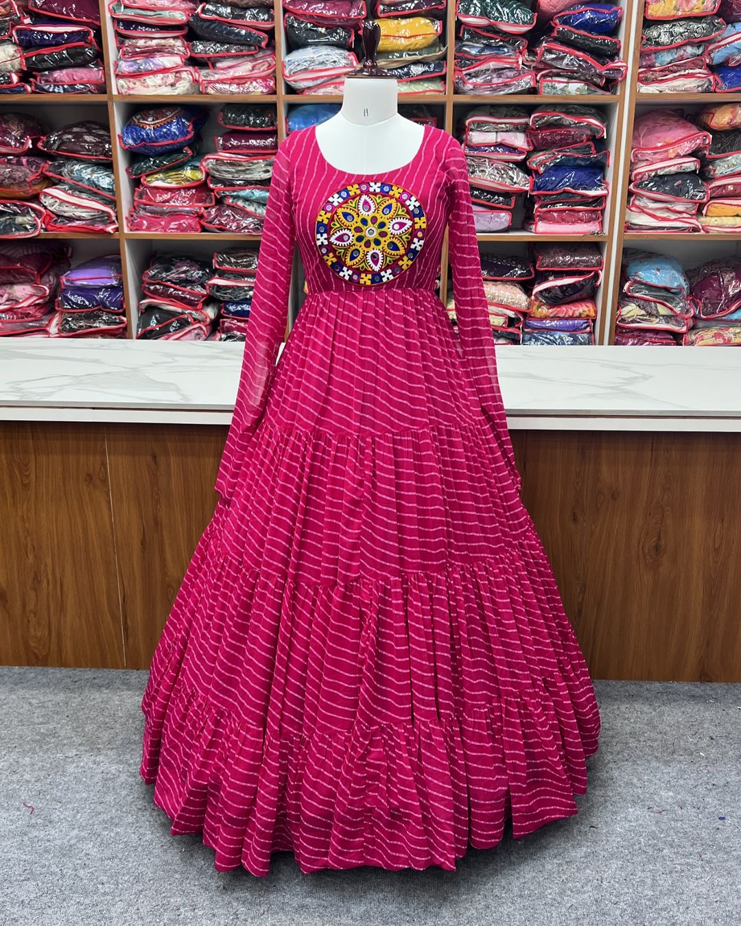 Manvitha pink georgette leheriya printed Navratri gown