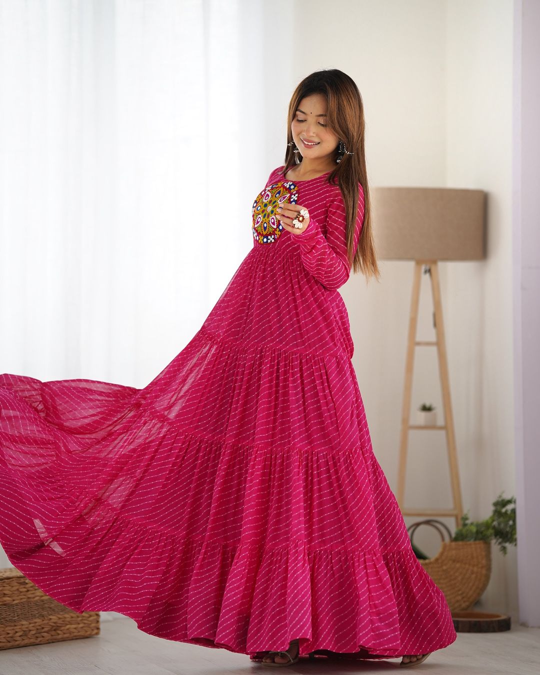 Manvitha pink georgette leheriya printed Navratri gown