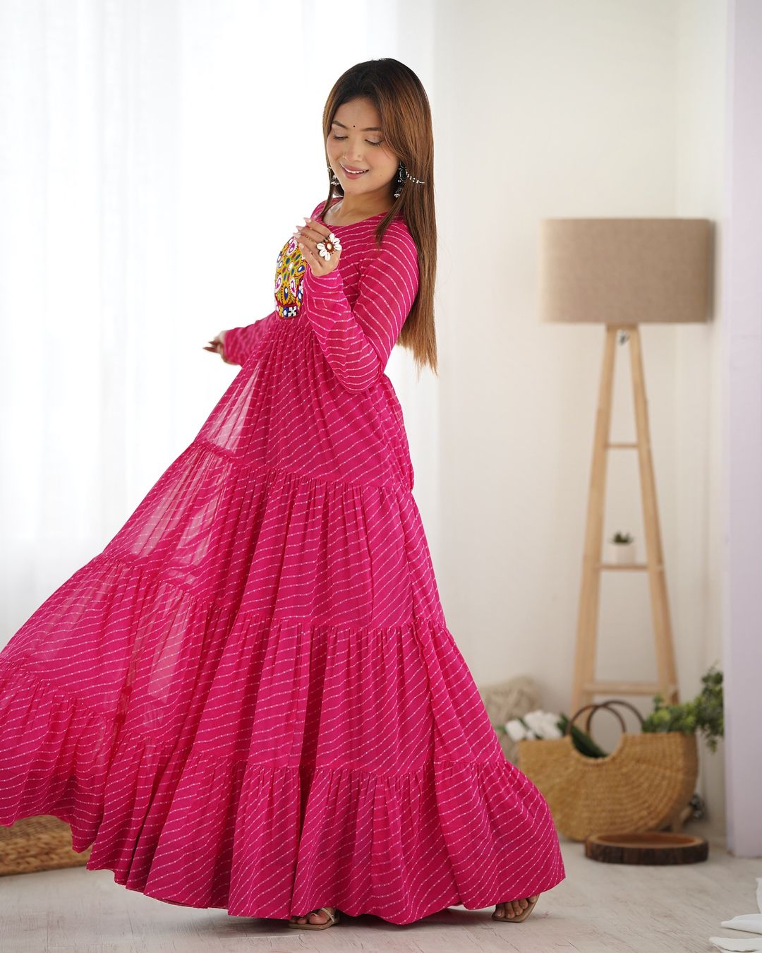 Manvitha pink georgette leheriya printed Navratri gown