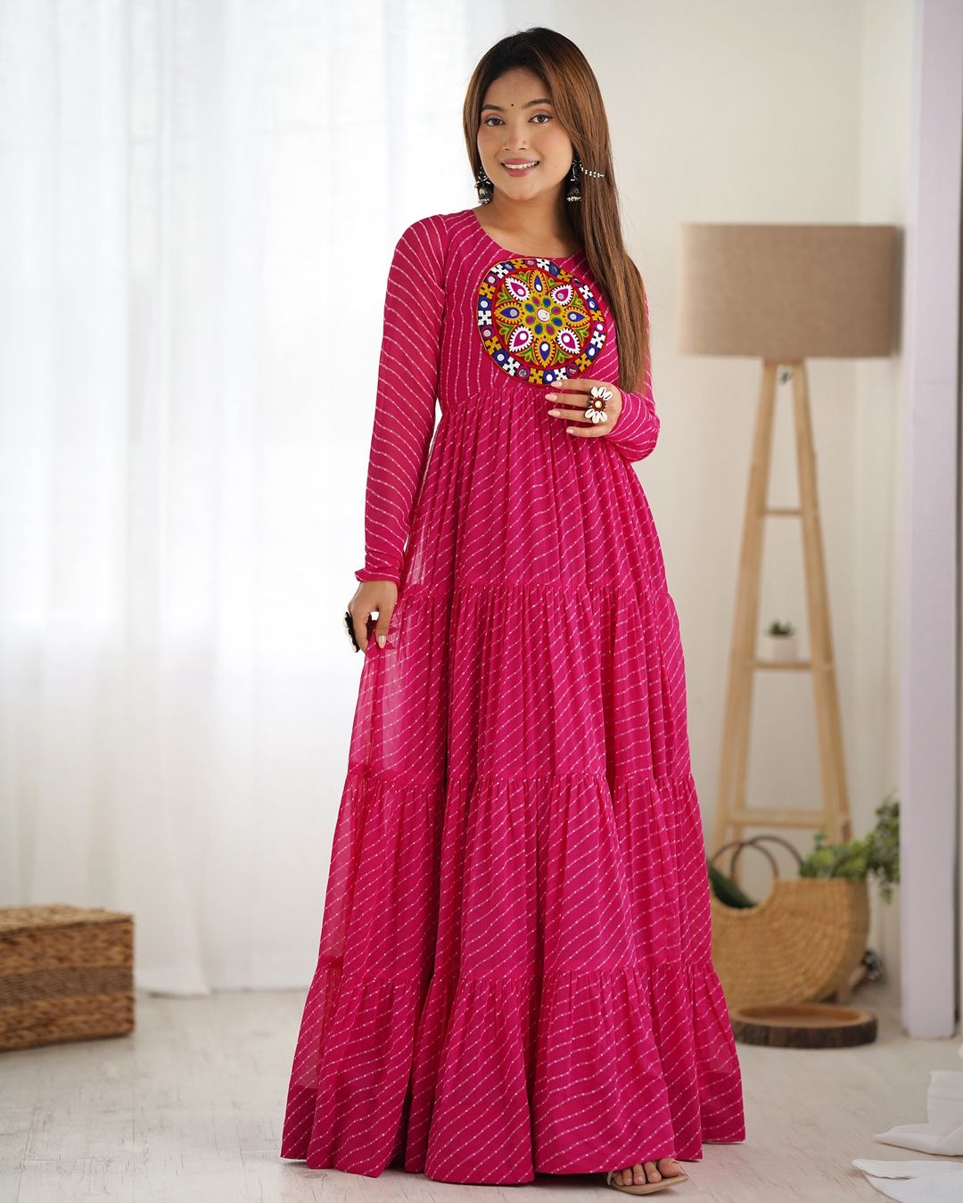 Manvitha pink georgette leheriya printed Navratri gown