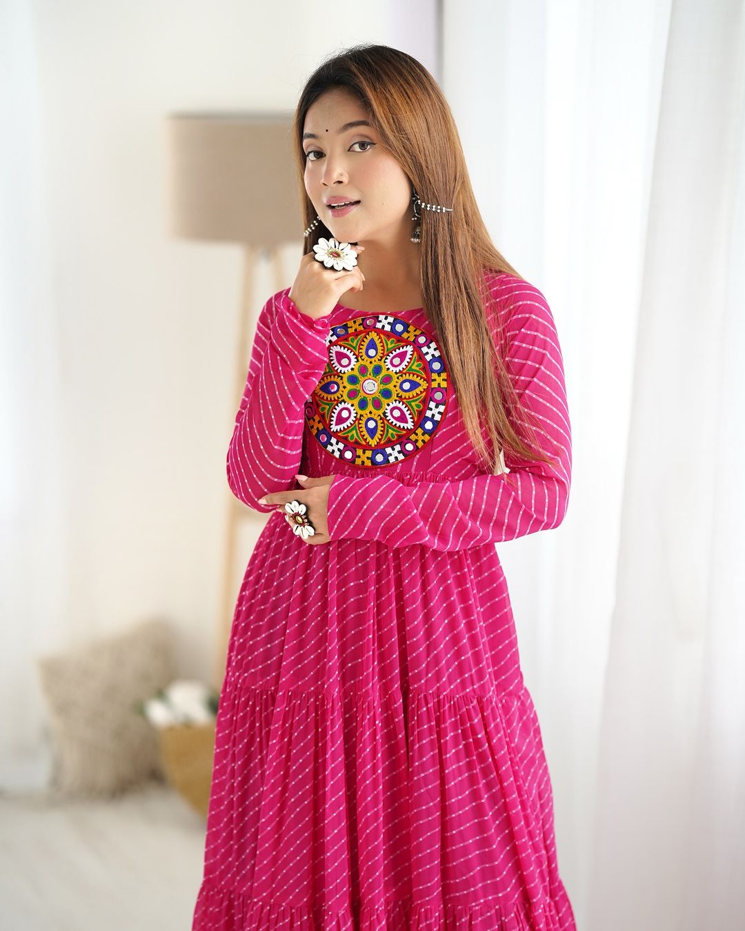 Manvitha pink georgette leheriya printed Navratri gown