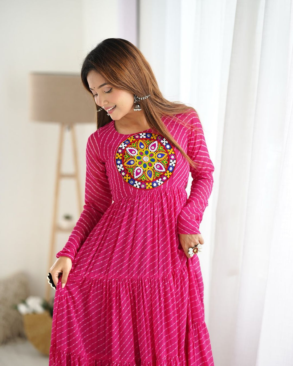 Manvitha pink georgette leheriya printed Navratri gown