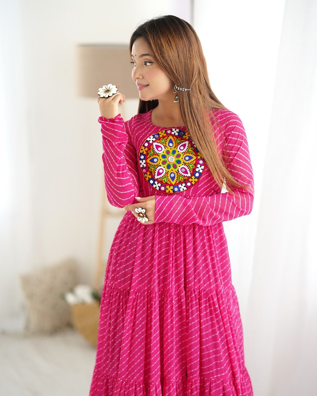Manvitha pink georgette leheriya printed Navratri gown