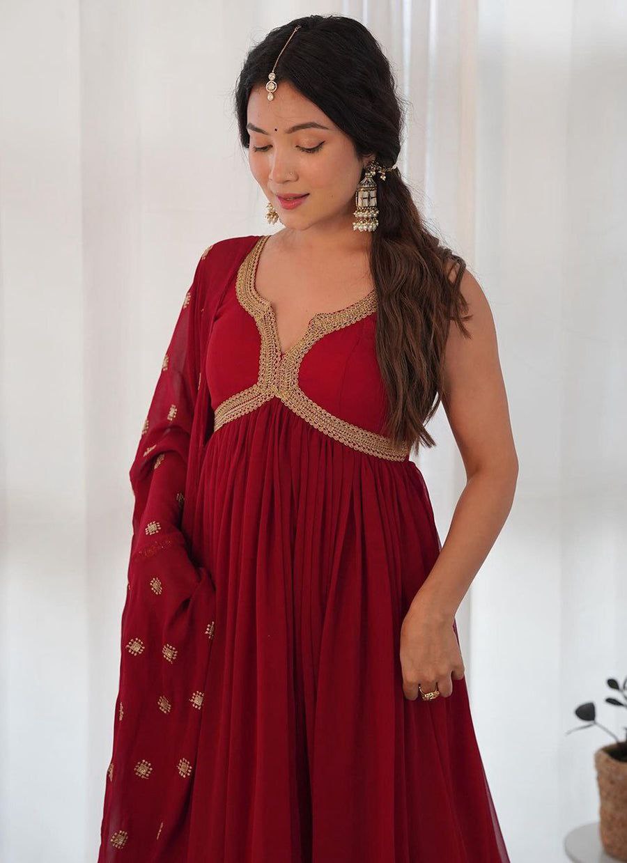 Shyamala maroon alia cut anarkali gown set