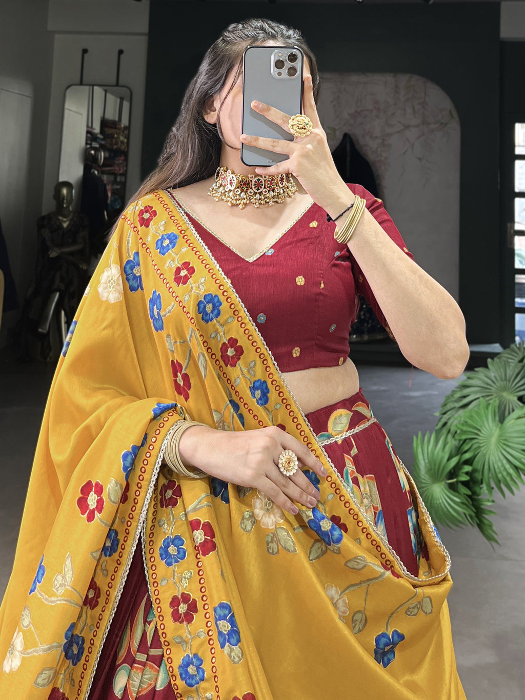 Maroon tussar silk printed and foil work lehenga choli