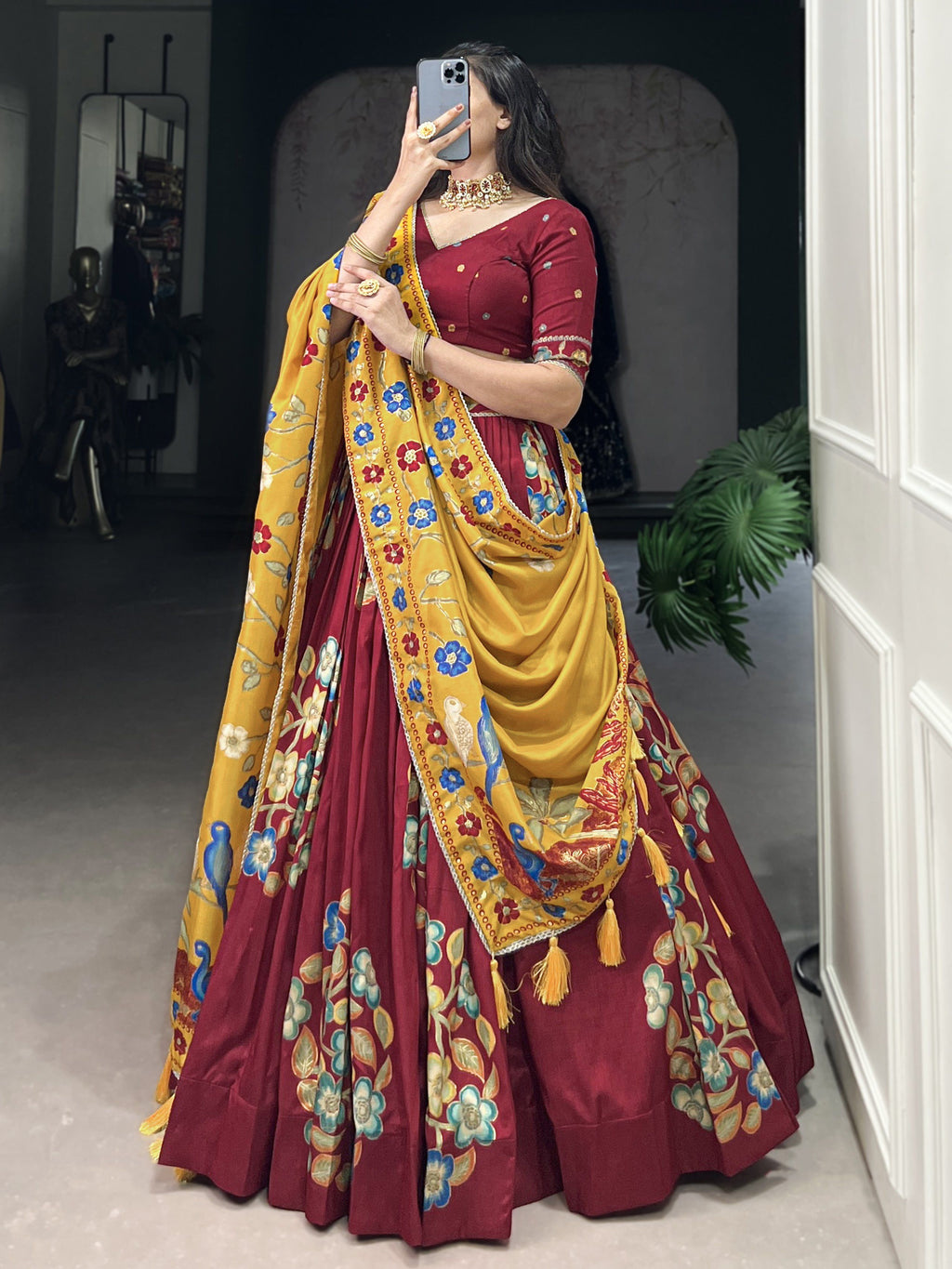 Maroon tussar silk printed and foil work lehenga choli