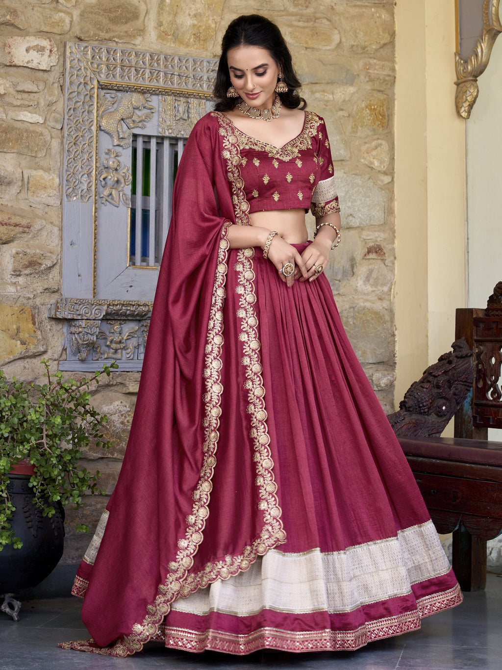 Maroon Vichitra Silk Zari Weaving Work Lehenga Choli with Dupatta