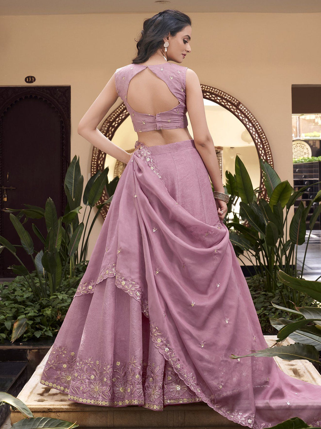 Mauve pink organza lehenga choli with pearl coding and sequins embroidery