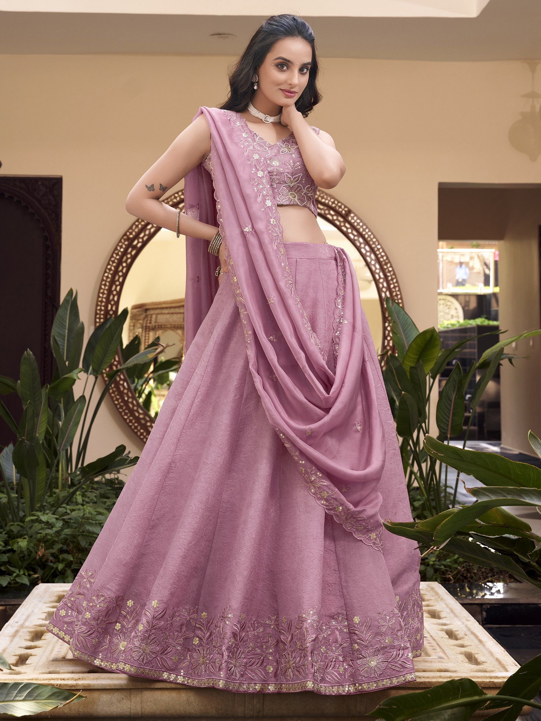 Mauve pink organza lehenga choli with pearl coding and sequins embroidery