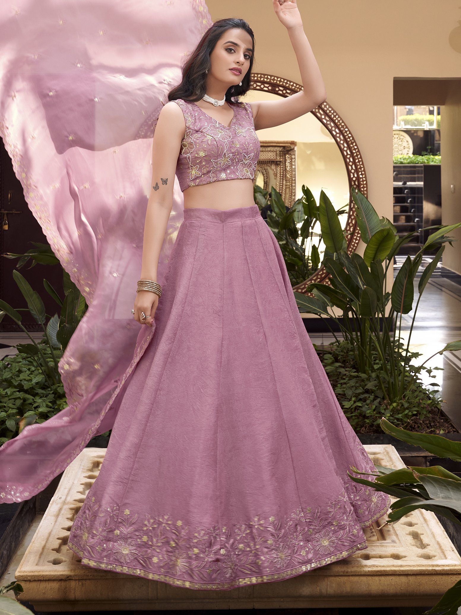 Mauve pink organza lehenga choli with pearl coding and sequins embroidery