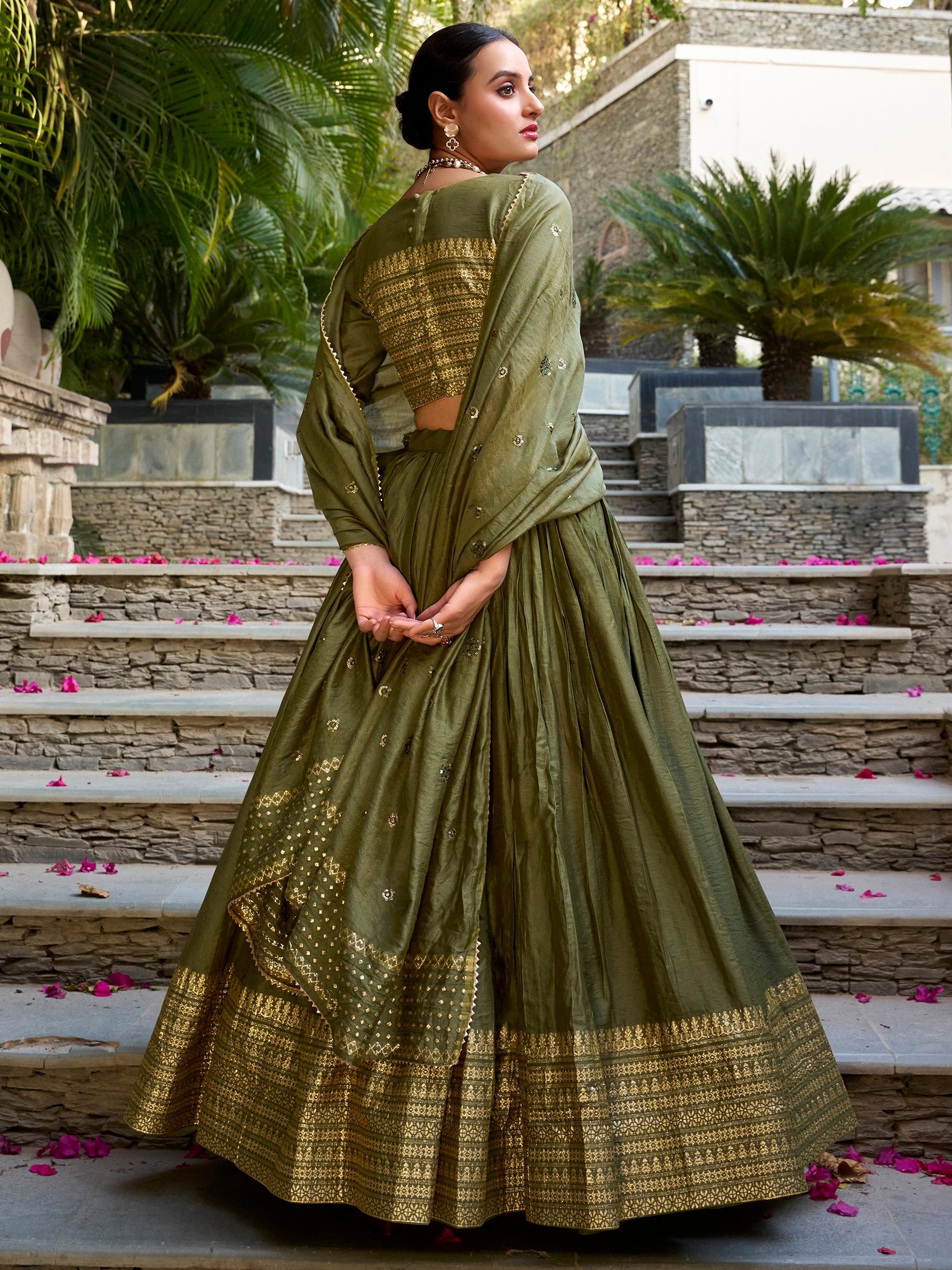 Mehendi Green Pure Chanderi Plain Zari Weaving Lehenga Choli