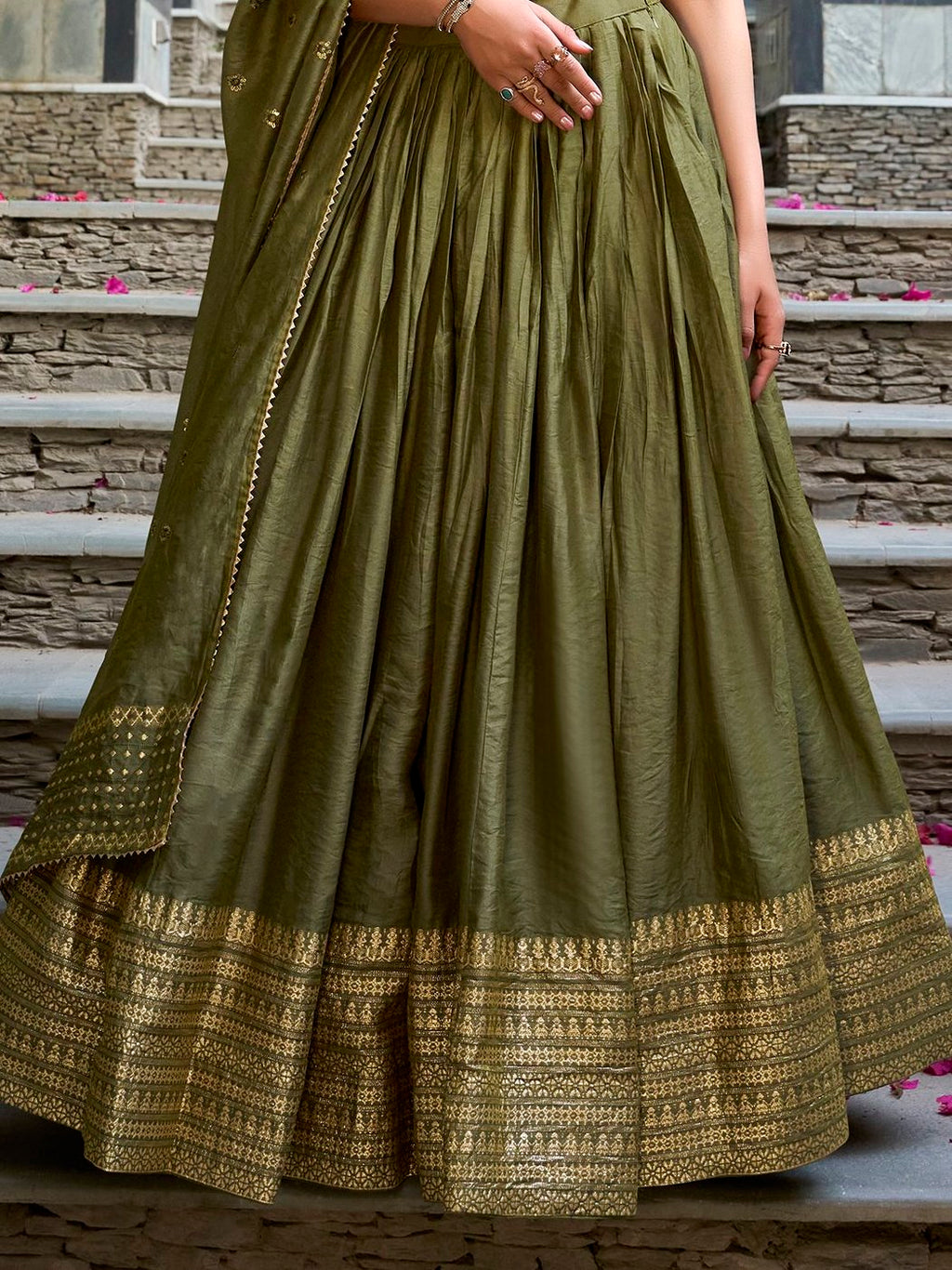 Mehendi Green Pure Chanderi Plain Zari Weaving Lehenga Choli