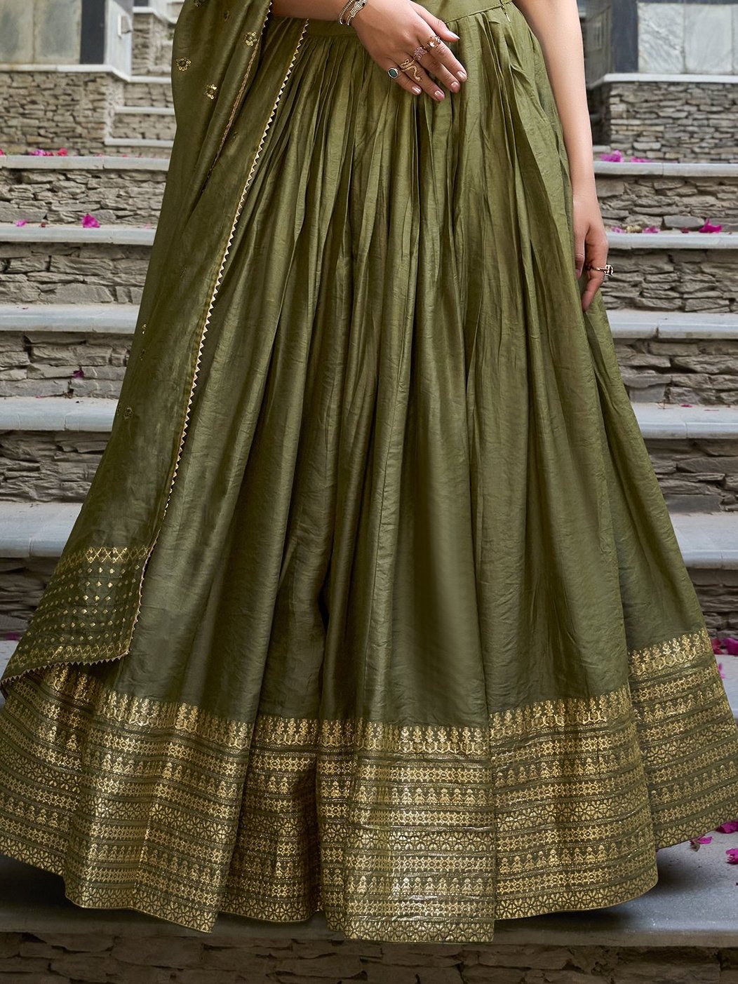 Mehendi Green Pure Chanderi Plain Zari Weaving Lehenga Choli
