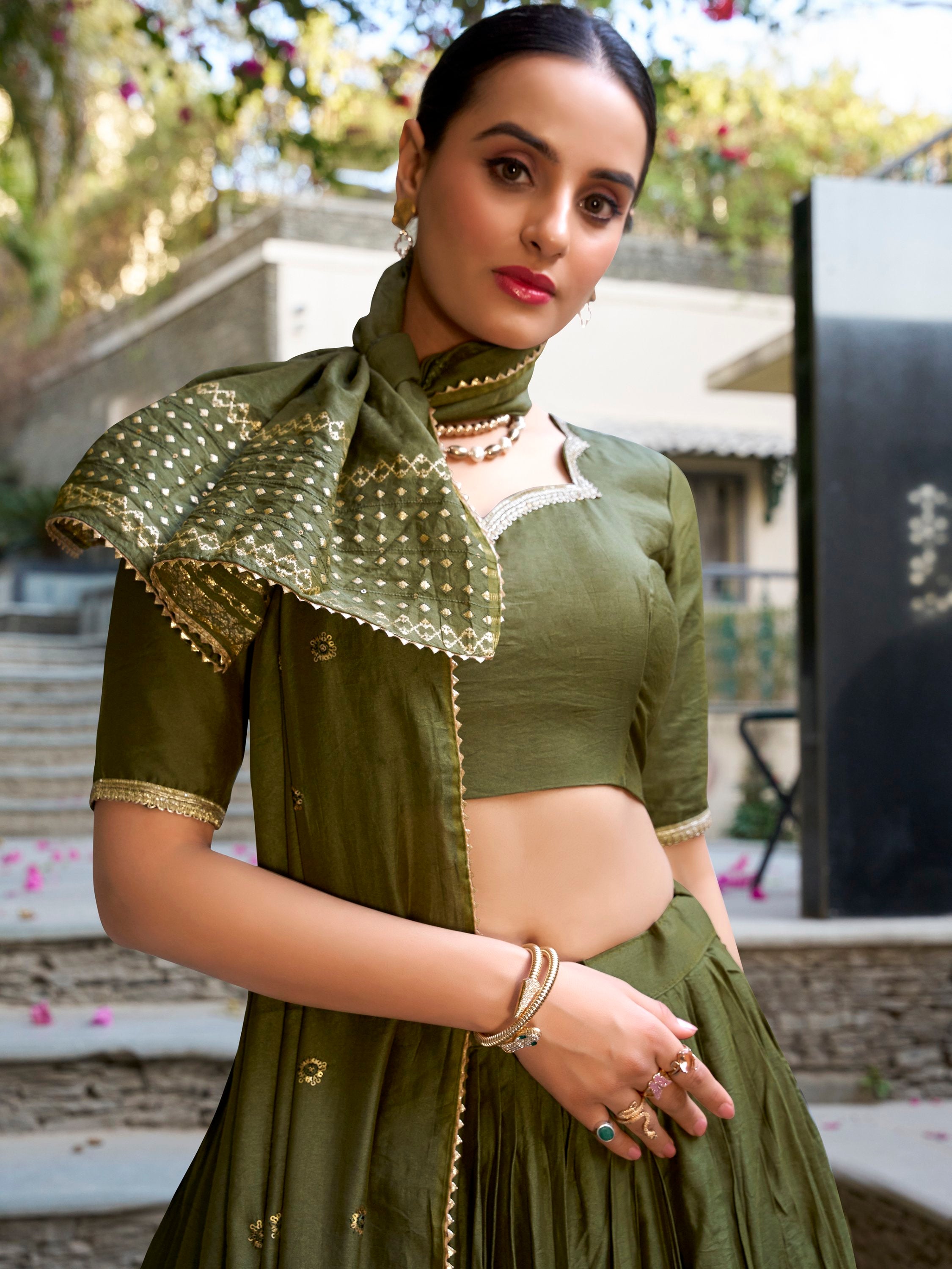 Mehendi Green Pure Chanderi Plain Zari Weaving Lehenga Choli