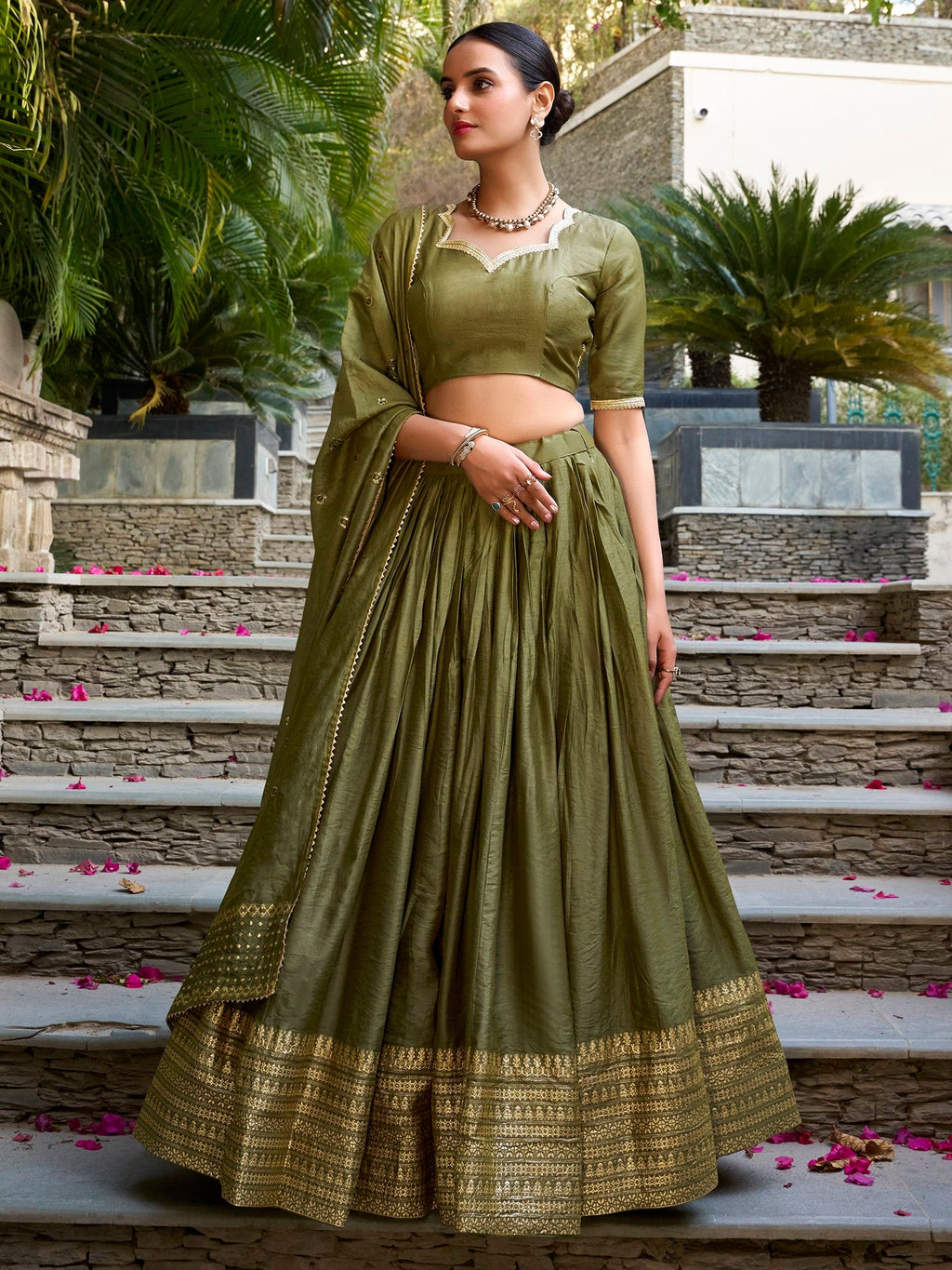Mehendi Green Pure Chanderi Plain Zari Weaving Lehenga Choli
