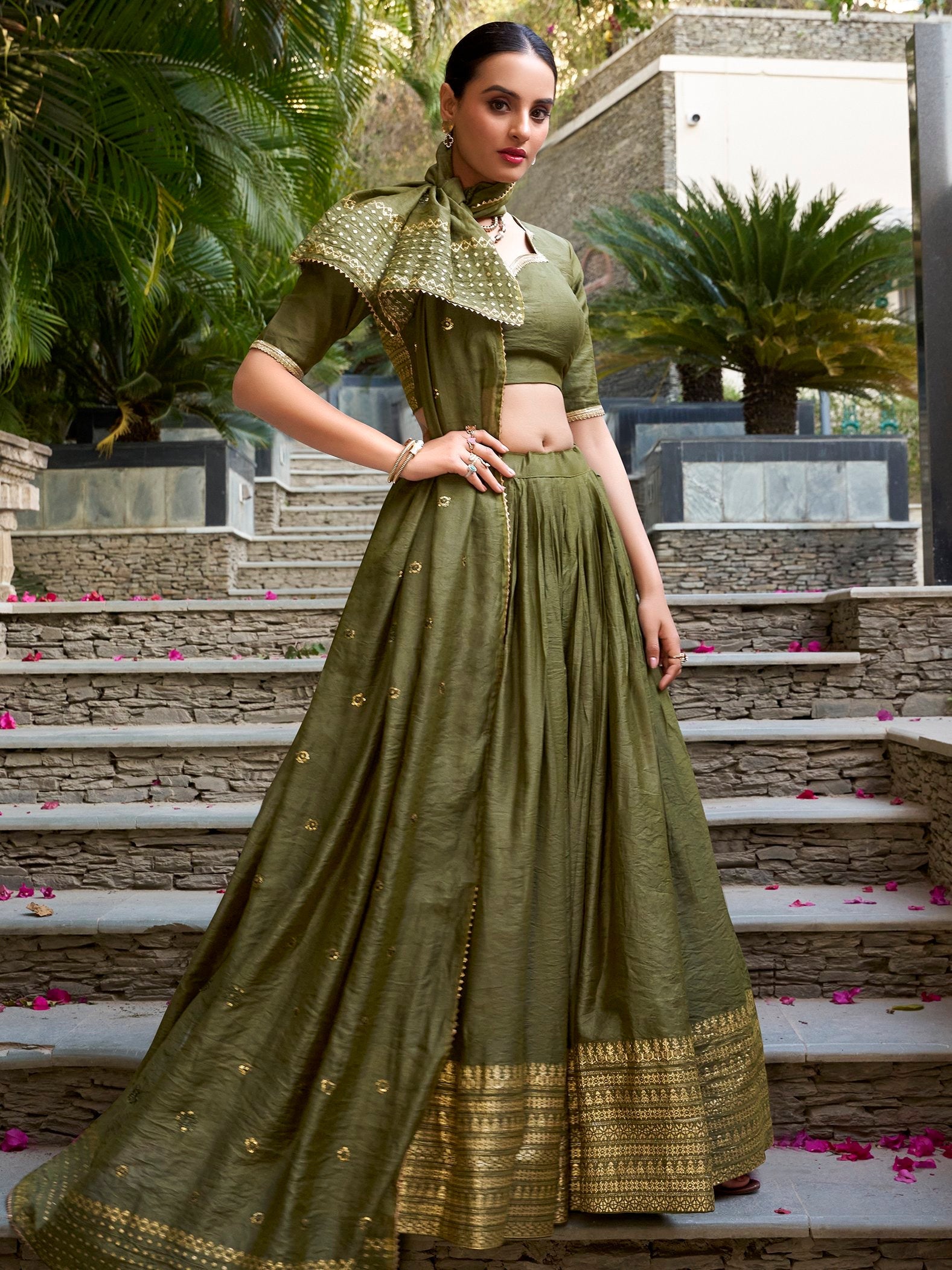 Mehendi Green Pure Chanderi Plain Zari Weaving Lehenga Choli