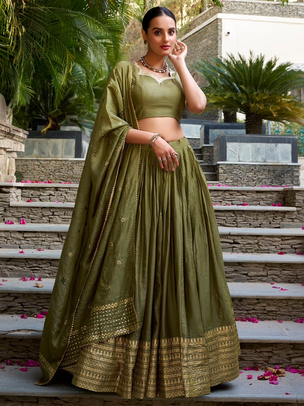 Mehendi Green Pure Chanderi Plain Zari Weaving Lehenga Choli