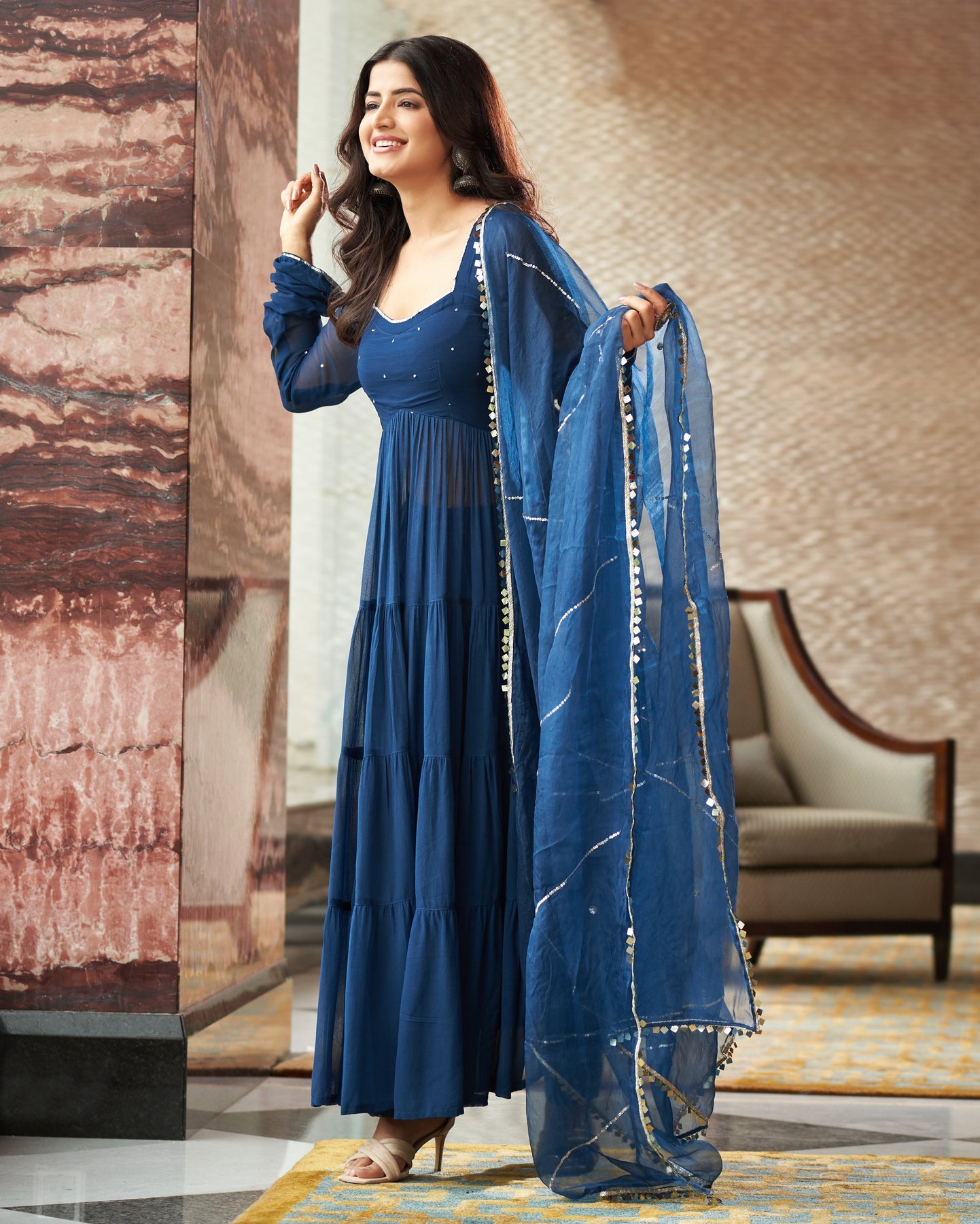 Mihika Blue Georgette Flared Anarkali Suit Set