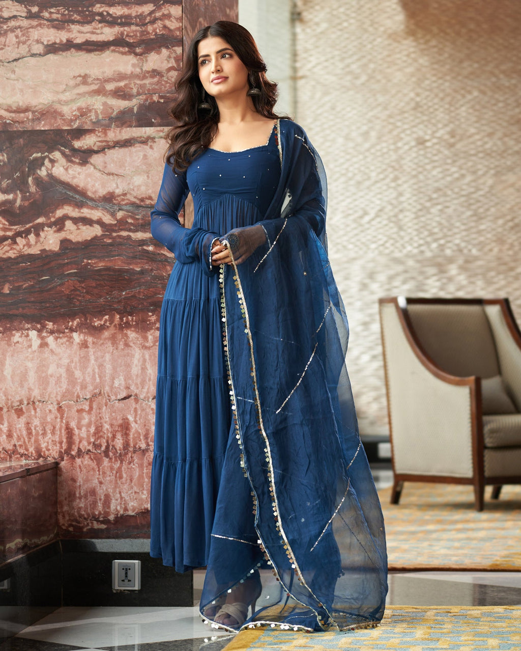 Mihika Blue Georgette Flared Anarkali Suit Set