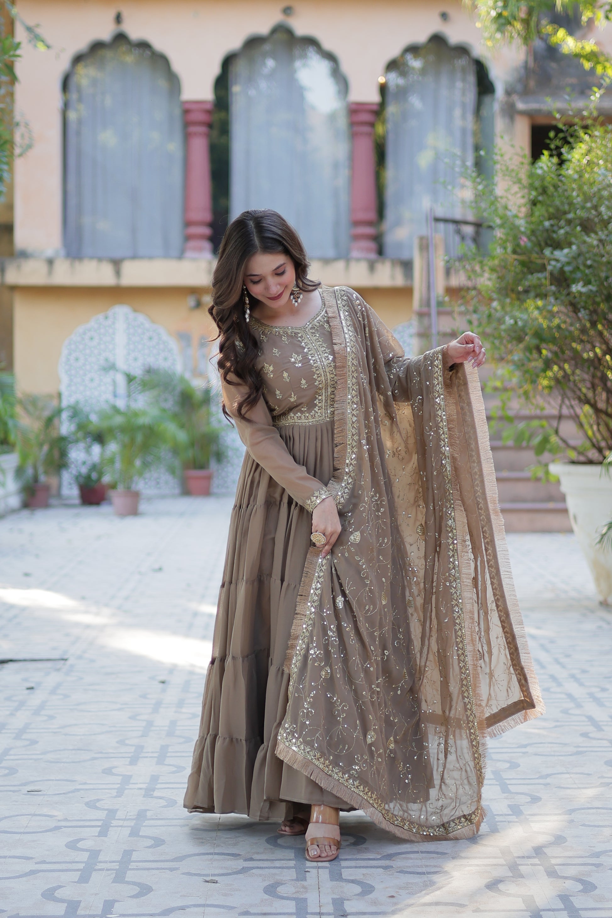 Minha Beige Embroidered Flared Anarkali Gown Set