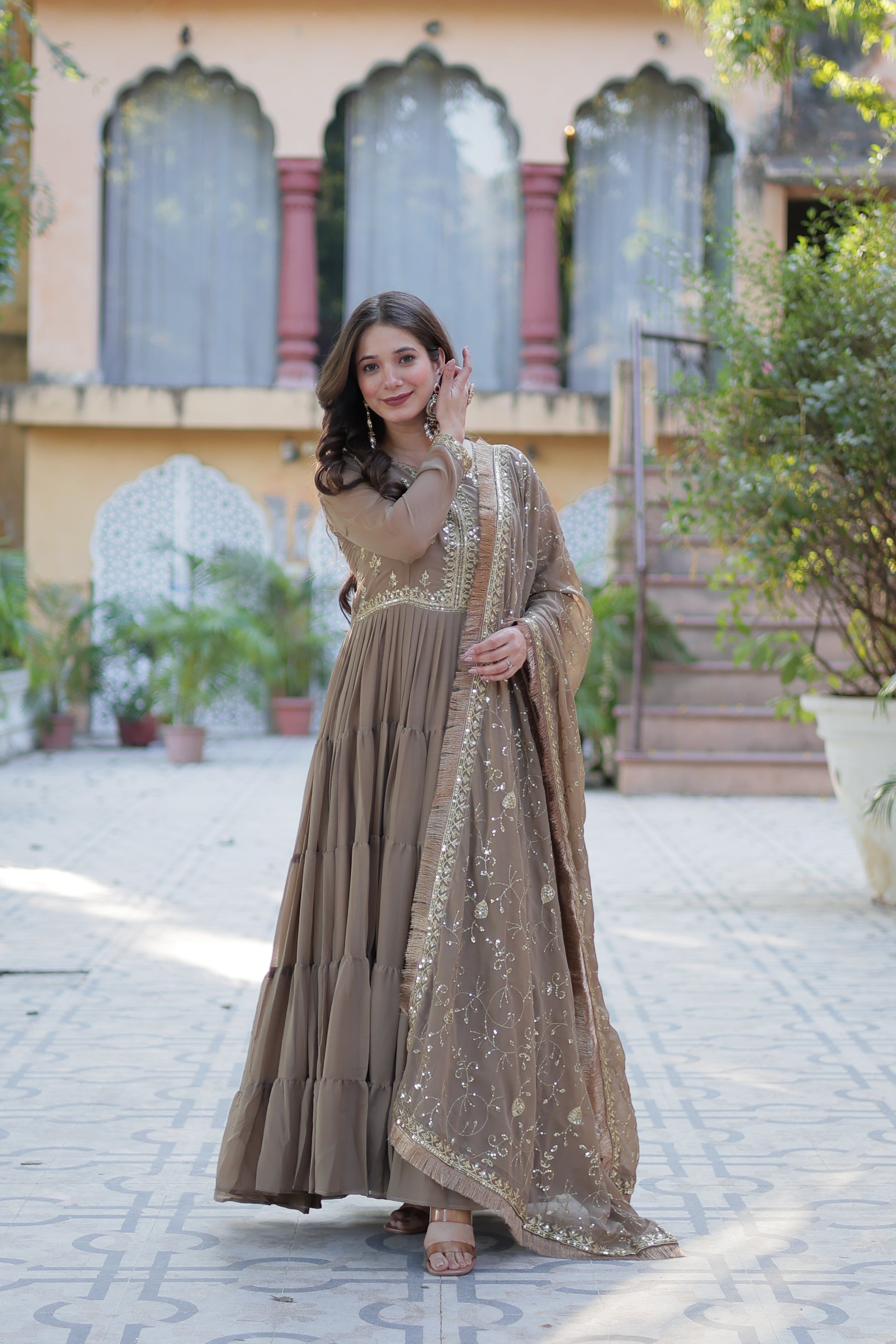 Minha Beige Embroidered Flared Anarkali Gown Set