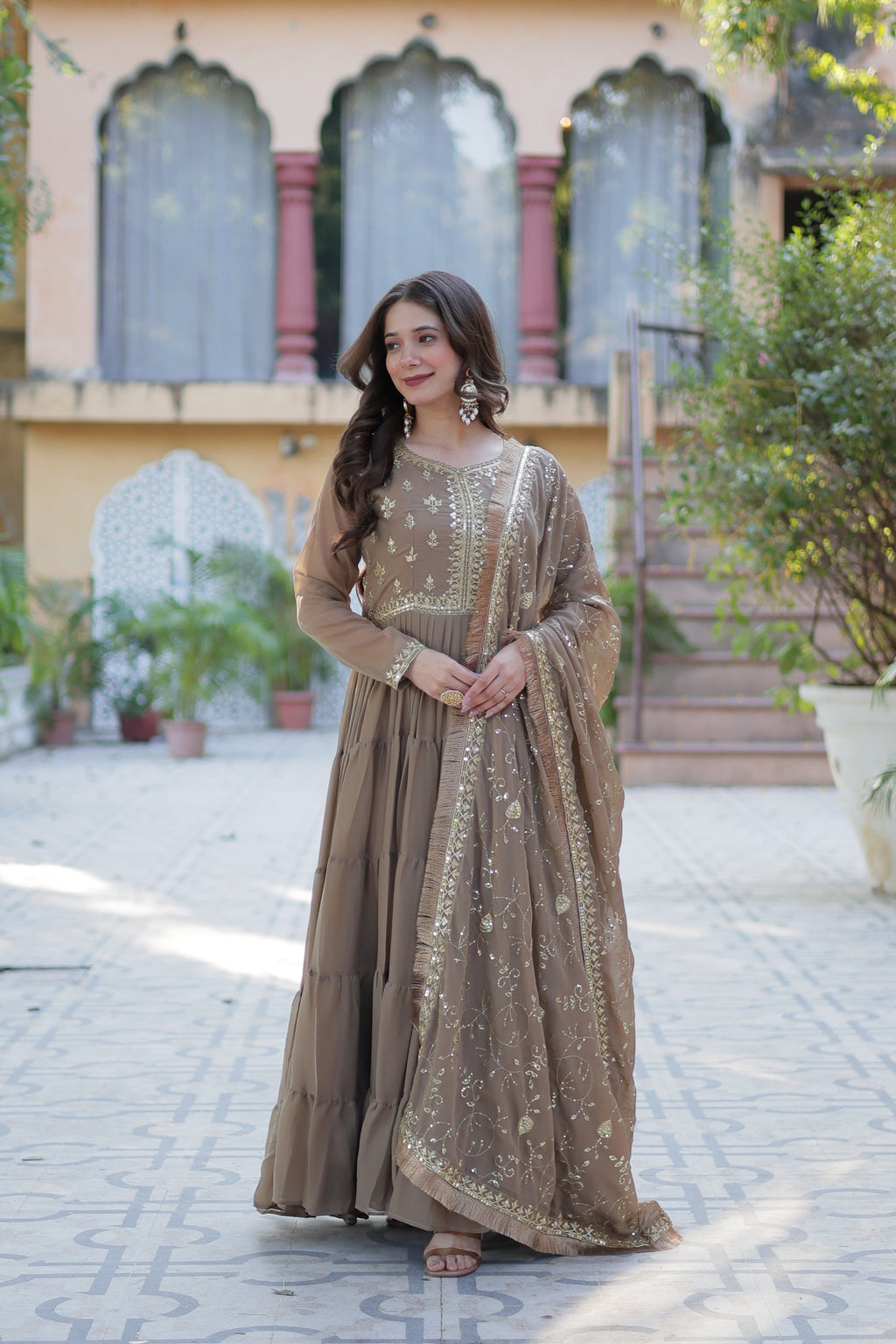 Minha Beige Embroidered Flared Anarkali Gown Set