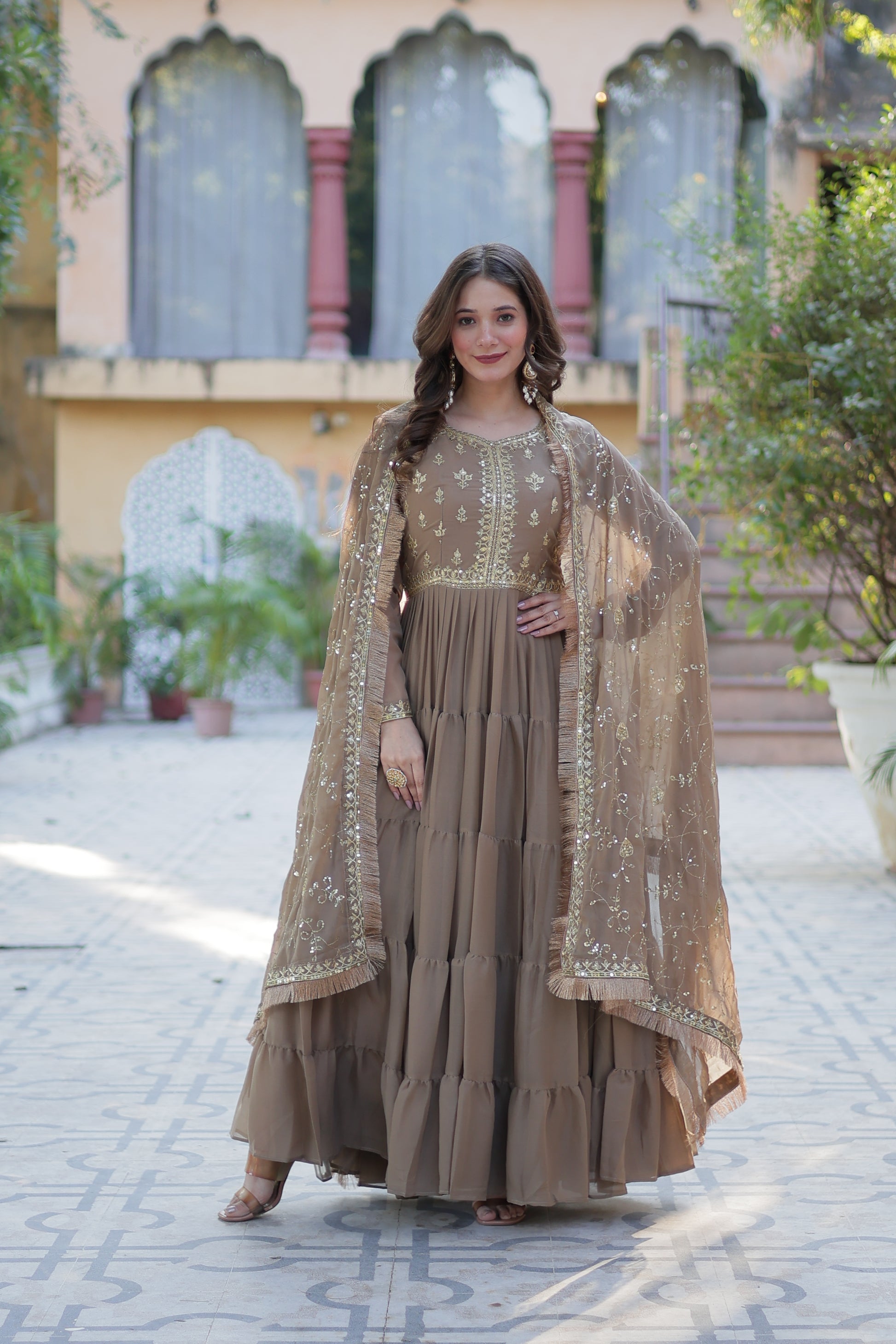 Minha Beige Embroidered Flared Anarkali Gown Set