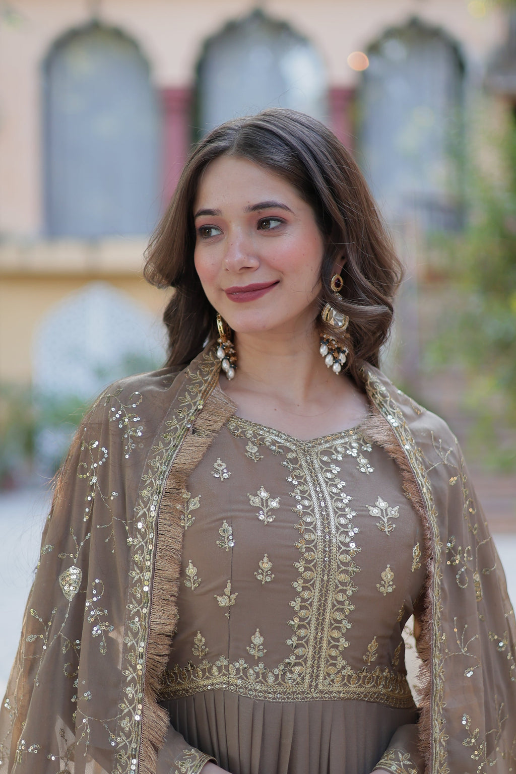 Minha Beige Embroidered Flared Anarkali Gown Set