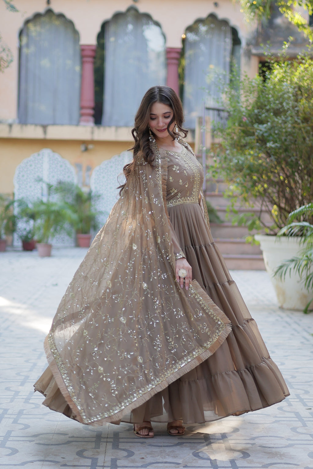 Minha Beige Embroidered Flared Anarkali Gown Set