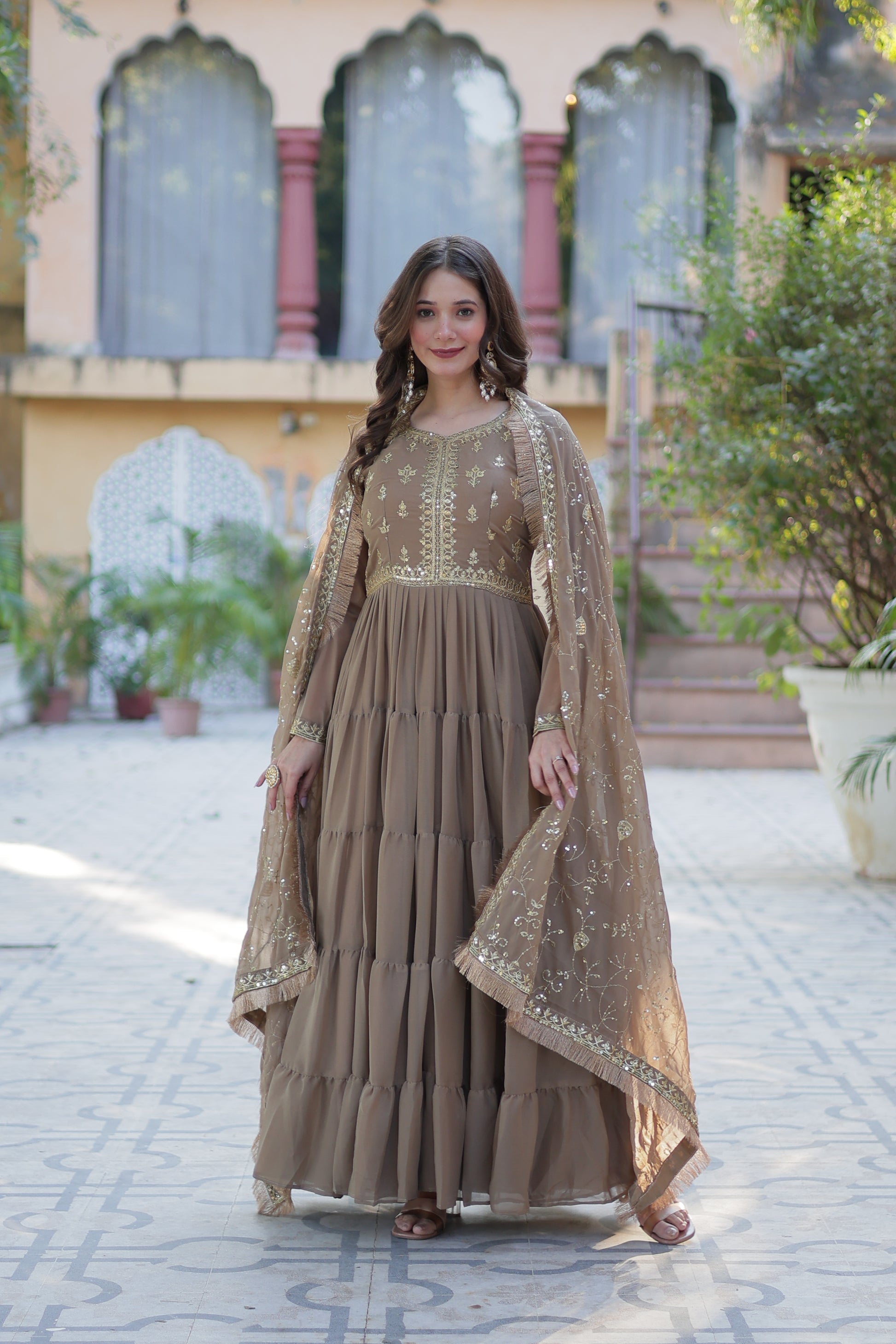Minha Beige Embroidered Flared Anarkali Gown Set